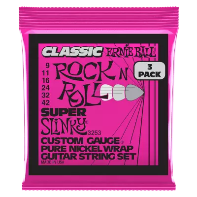 Cordes pour guitare électrique Ernie Ball Super Slinky Classic Rock n Roll, enrobage nickel pur, calibre 9-42 (lot de 3)