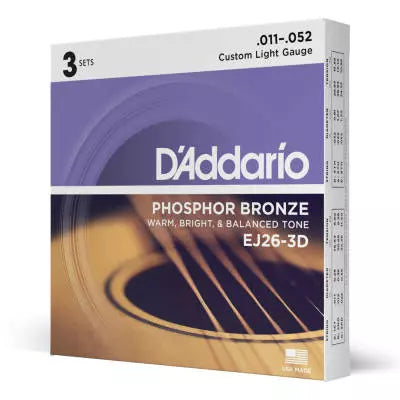 DAddario - EJ26-3D - Bronze phosphorescent CUSTOM LIGHT 11-52 - Lot de 3
