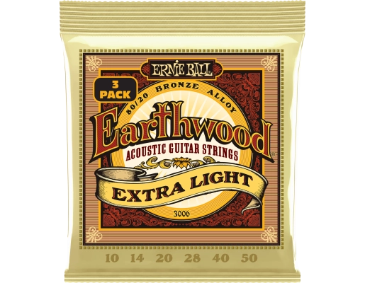 Cordes pour guitare acoustique Ernie Ball Earthwood 80/20 Bronze, calibre 10-50, lot de 3