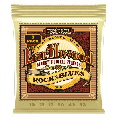 Ernie Ball - Cordes acoustiques Earthwood Rock & Blues avec sol uni 80/20, 10-52 - Lot de 3