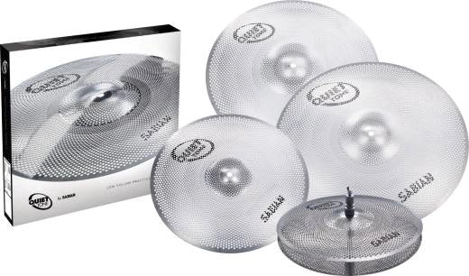 Cymbales d'entraînement Sabian Quiet Tone : charleston 14", crash 16" et 18", ride 20".