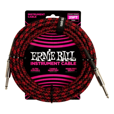 Câble tressé droit Ernie Ball - 25 pieds - Rouge et noir