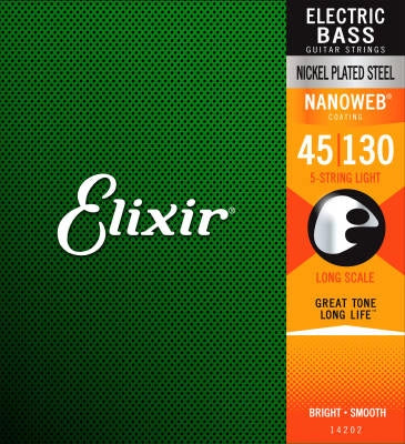 Cordes Elixir - Jeu de basse 5 cordes en acier nickelé avec revêtement NANOWEB, léger, longue échelle