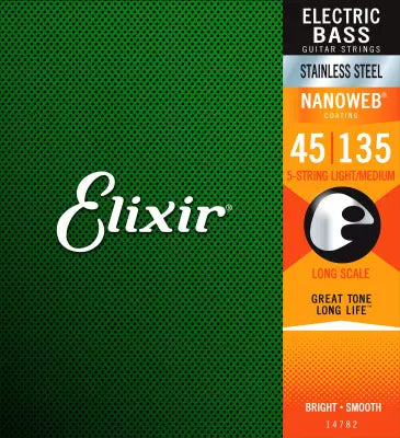 Cordes Elixir - Cordes NANOWEB pour basse électrique 5 cordes - Légère/Moyenne 45-135