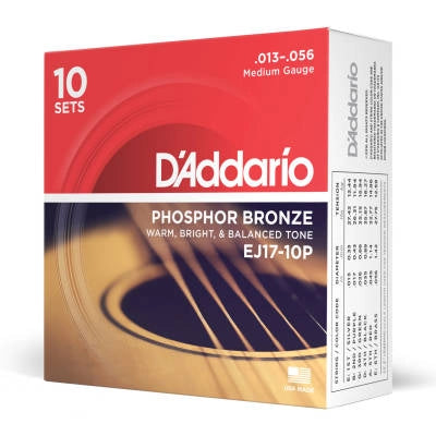 DAddario - EJ17-10P Phosphor Bronze Acoustic Guitar Strings  Medium  13-56  10 Sets