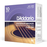 DAddario - Cordes pour guitare acoustique EJ26-10P Phosphor Bronze Custom Light 11-52, 10 jeux