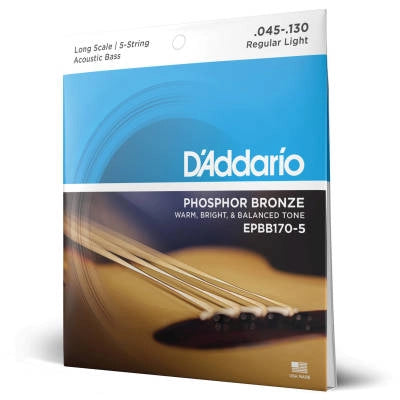 DAddario - Cordes pour basse acoustique 5 cordes en bronze phosphoreux EPBB170-5, diapason long 45-130