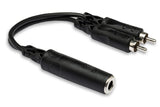 Câble Hosa en Y, jack 6,35 mm TS-F vers double RCA - 15 cm