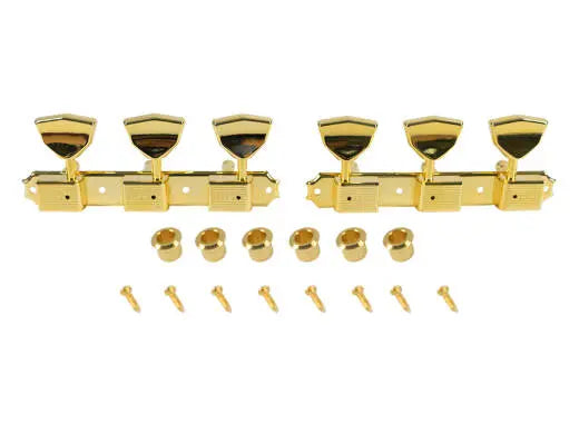 Mécaniques d'accordage Kluson - 3 par plaque, série Deluxe, ligne simple - Dorées avec boutons papillon en métal