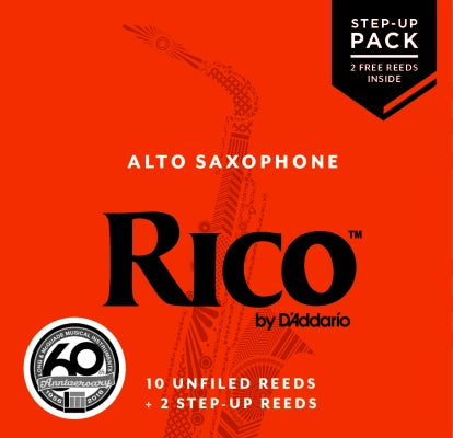 Anches pour saxophone alto RICO de D'Addario - Boîte orange - 2,5 pouces, paquet de 10 avec 2 anches de réserve en bonus