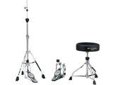 Pack d'accessoires Tama comprenant une pédale Iron Cobra, un siège de batterie 1st Chair à sommet arrondi et un pied de charleston.