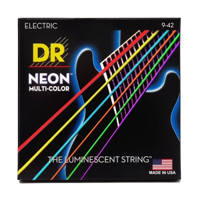 DR Strings - Jeu de 6 cordes pour guitare avec revêtement multicolore fluo - Light 9-42